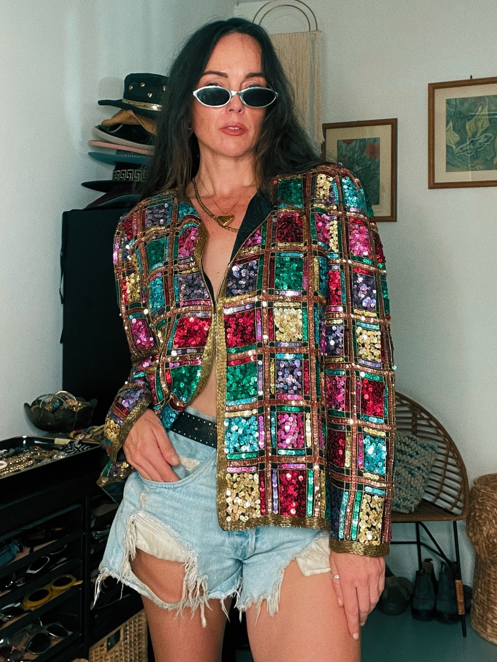 90s Laurence Kazar Multicolor Sequin Patchwork Jacket with Gold Trim - Picture 1 of 13